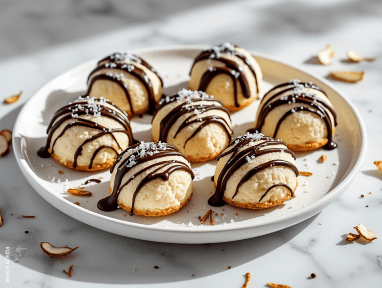 Coconut macaroons with chocolate drizzle and coconut flakes on a white plate.