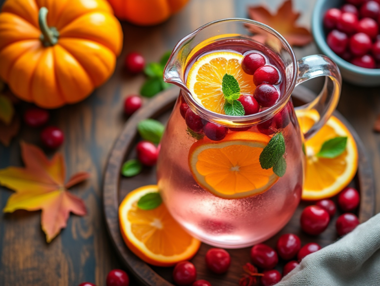 A glass and pitcher of Cranberry and Orange Infused Water with cranberries, mint, and oranges, surrounded by autumn-themed decorations like pumpkins and leaves.