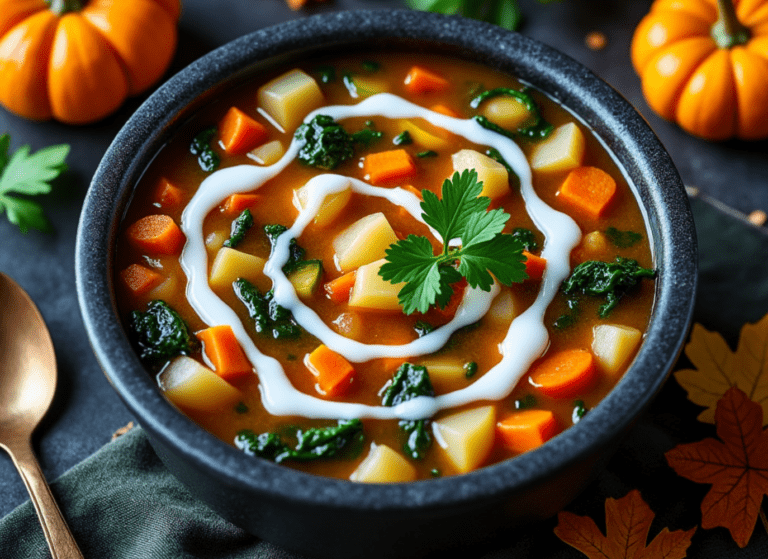 Close-up of vegetable soup in a black cauldron, surrounded by pumpkins and fresh vegetables.