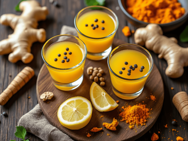 Fresh Ginger Turmeric Shots with Lemon and Black Pepper Garnish