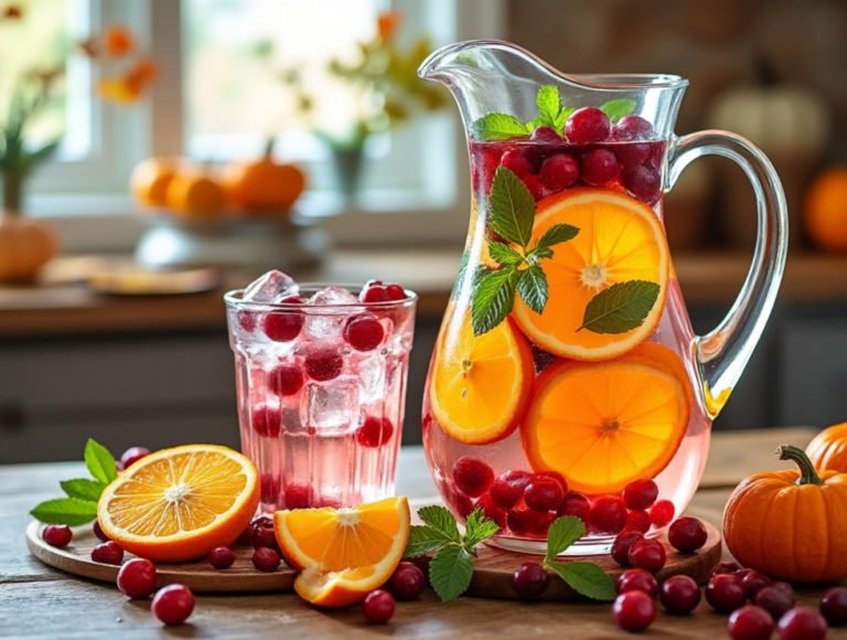 A pitcher of Cranberry and Orange Infused Water with orange slices, cranberries, and mint, surrounded by pumpkins and cranberries on a wooden table.