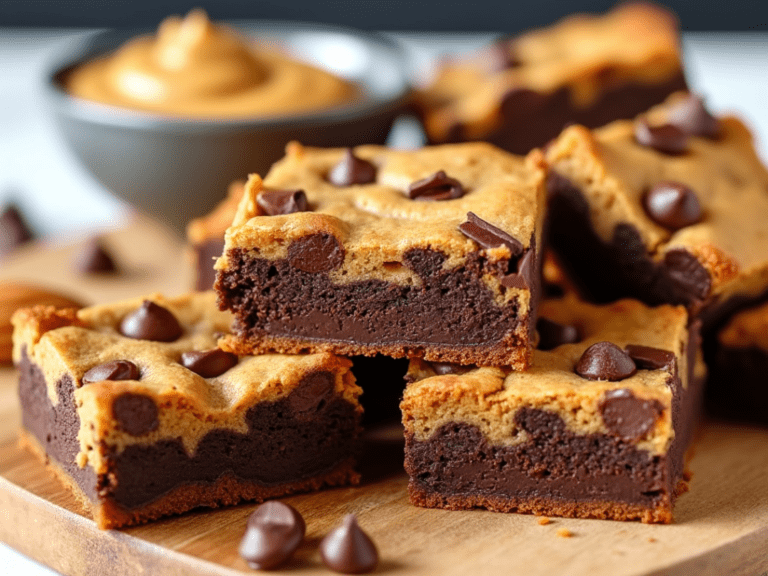 Almond butter blondies filled with chocolate chips on a cutting board with a bowl of chocolate chips in the background.