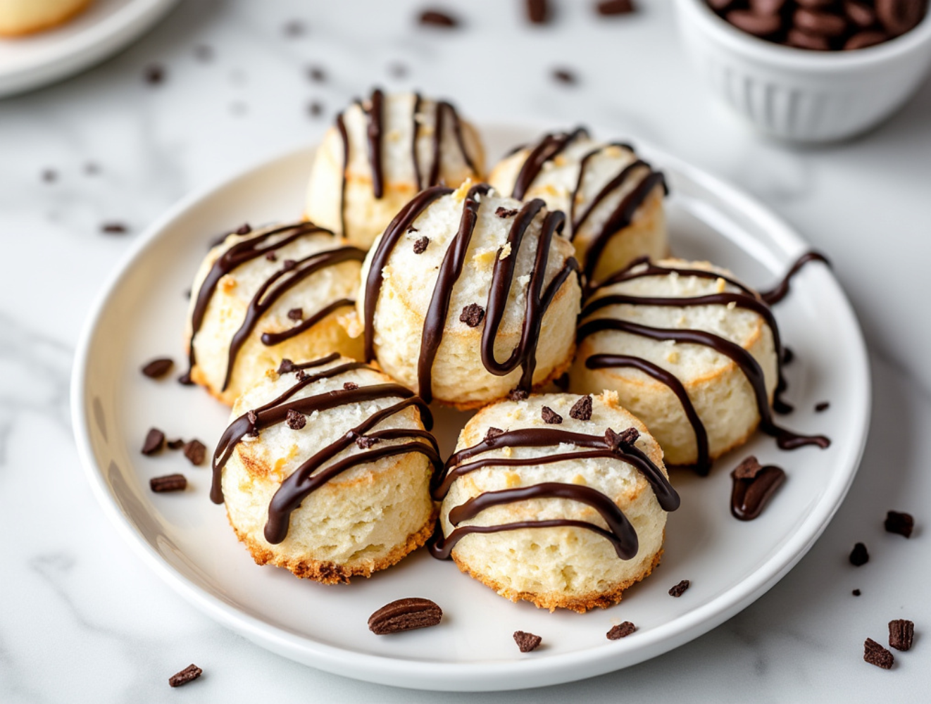 Coconut macaroons drizzled with dark chocolate on a white plate, with chocolate pieces scattered around.