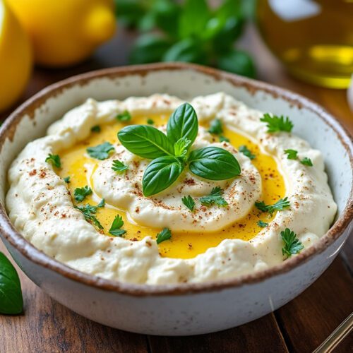 A rustic white ceramic bowl filled with creamy tofu ricotta, garnished with fresh basil and parsley, placed on a wooden table with a lemon, garlic, and an olive oil jar in the background.