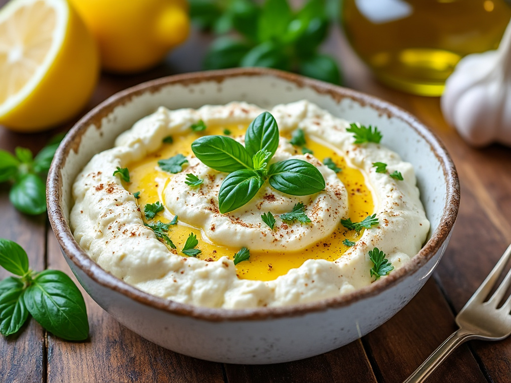 A rustic white ceramic bowl filled with creamy tofu ricotta, garnished with fresh basil and parsley, placed on a wooden table with a lemon, garlic, and an olive oil jar in the background.