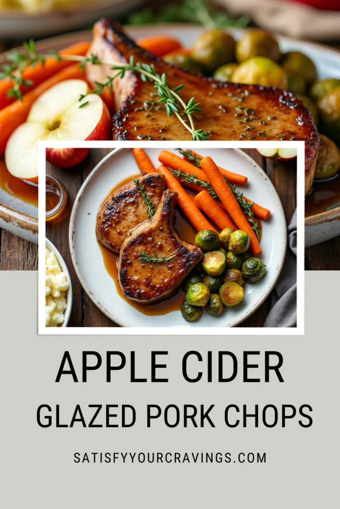 Apple Cider Glazed Pork Chops promotional graphic featuring two images of the dish with the blog URL.