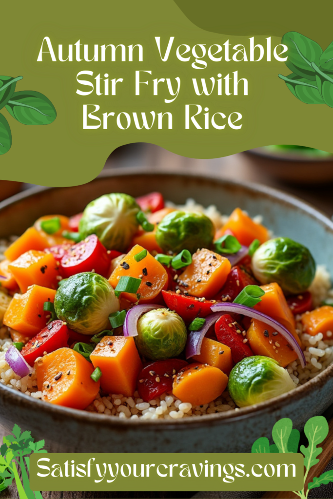 A colorful bowl of autumn vegetable stir fry with brown rice, showcasing Brussels sprouts, butternut squash, and red bell peppers.