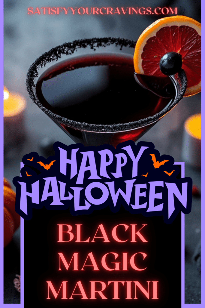 Halloween Black Magic Martini Pinterest graphic with blood orange garnish