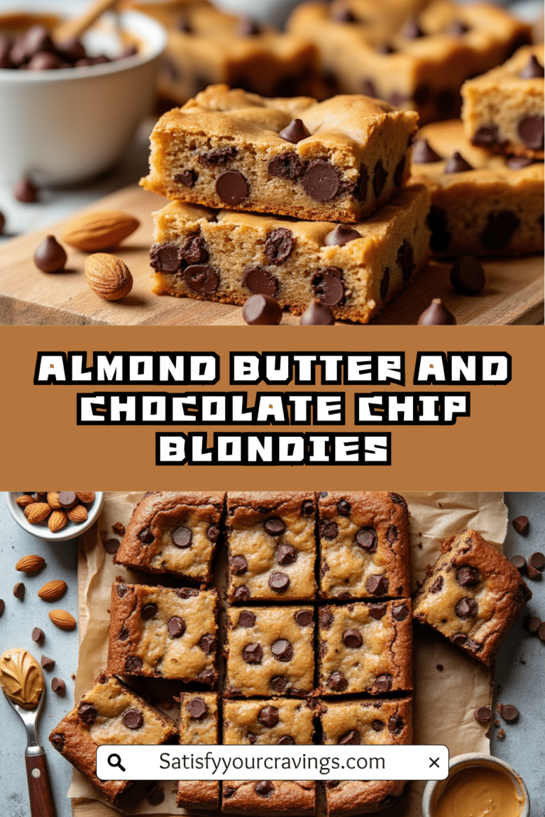 Almond butter and chocolate chip blondies on a wooden cutting board with a spoon of almond butter on the side.