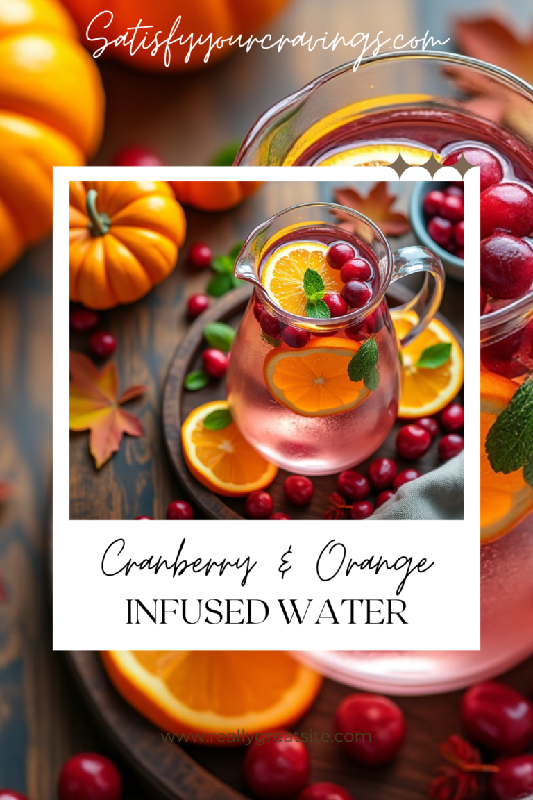 A stylish promotional image featuring a pitcher of Cranberry and Orange Infused Water, decorated with oranges, cranberries, and mint leaves, with the text “Satisfyyourcravings.com” above.