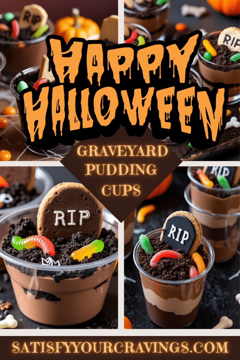 Collage of Halloween graveyard pudding cups with “Happy Halloween” text overlay