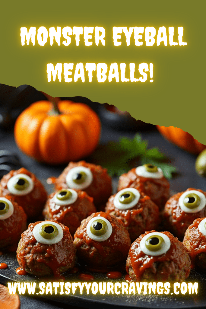 Monster Eyeball Meatballs with olive eyeballs on a dark plate, decorated with Halloween props.