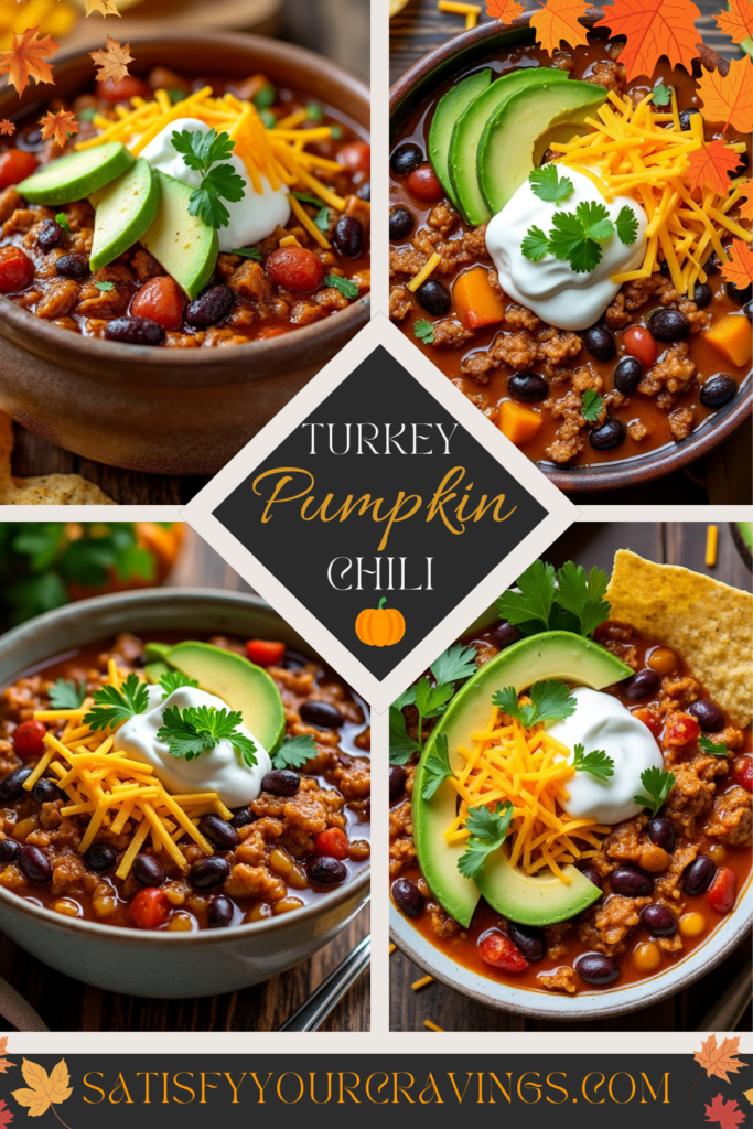 Turkey pumpkin chili with avocado, sour cream, and cheese - perfect for fall.