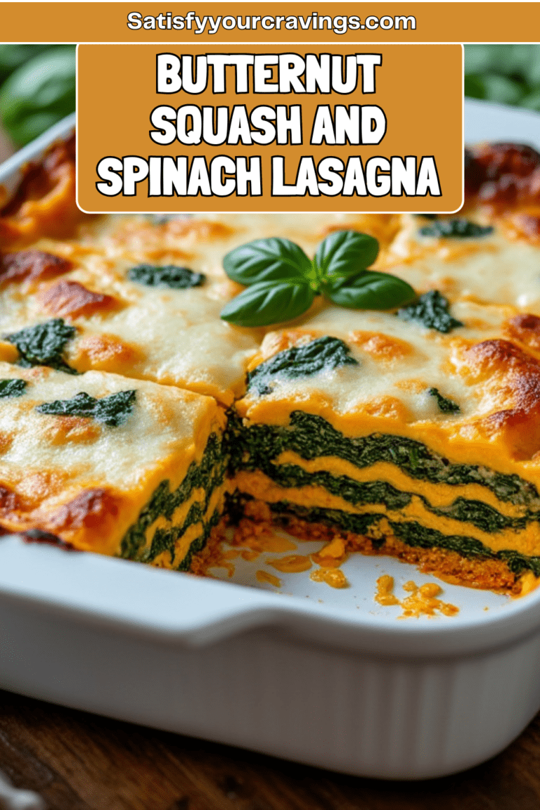 Butternut Squash and Spinach Lasagna, dairy-free recipe on a rustic wooden table.