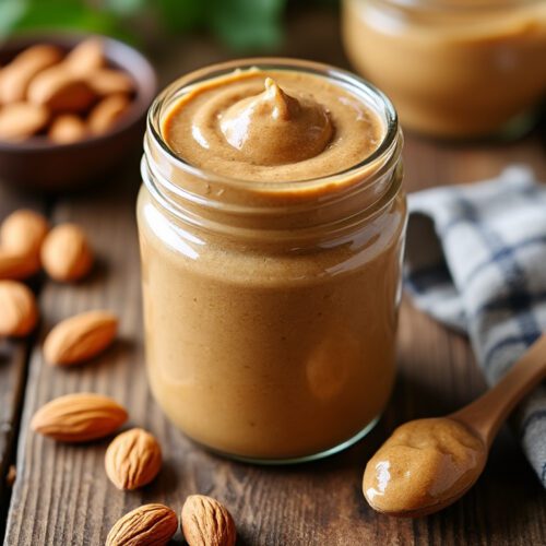 A glass jar filled with smooth, creamy homemade almond butter on a rustic wooden surface, beside a spoonful of almond butter, scattered almonds, a small bowl of whole almonds, and a kitchen towel, lit by natural warm light.