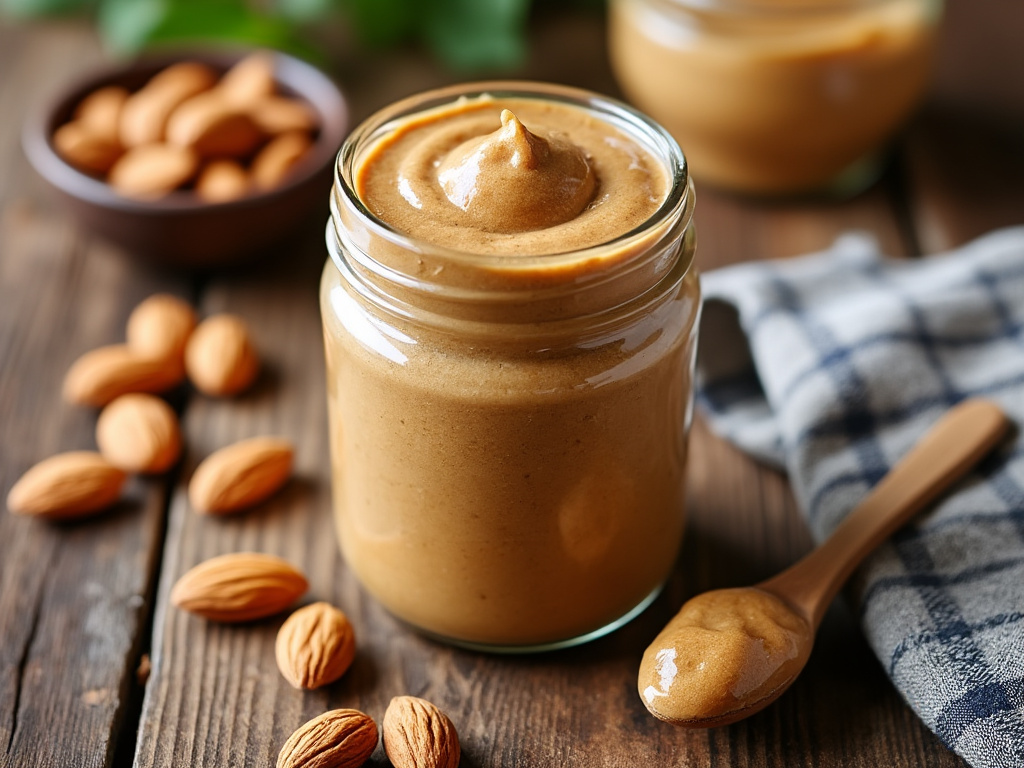 A glass jar filled with smooth, creamy homemade almond butter on a rustic wooden surface, beside a spoonful of almond butter, scattered almonds, a small bowl of whole almonds, and a kitchen towel, lit by natural warm light.