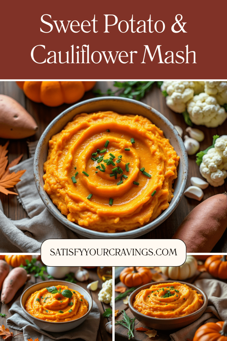 A bowl of creamy Sweet Potato and Cauliflower Mash garnished with chives, surrounded by fresh ingredients on a wooden table.