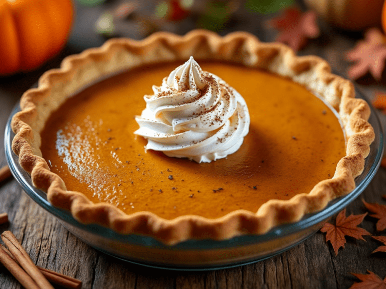 Classic Maple Pumpkin Pie with Whipped Cream and Cinnamon Garnish