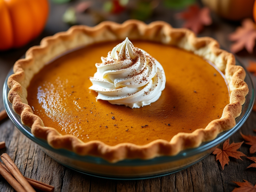 Classic Maple Pumpkin Pie with Whipped Cream and Cinnamon Garnish