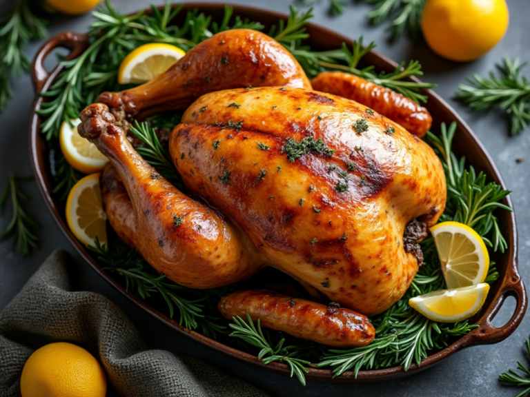 Golden herb-roasted turkey with lemon and rosemary on a dark serving platter