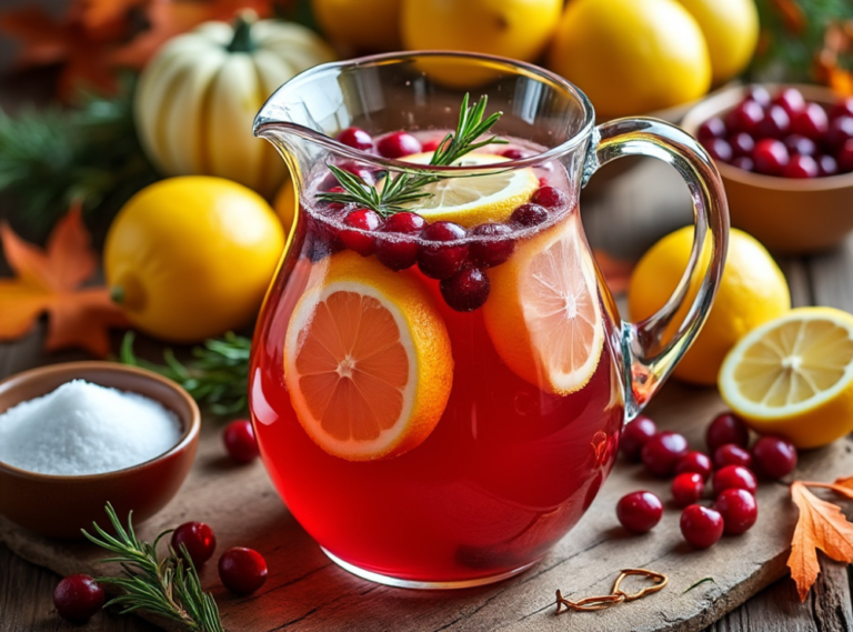 A glass pitcher filled with cranberry rosemary lemonade, garnished with lemon slices, cranberries, and a rosemary sprig, set on a fall-themed table.