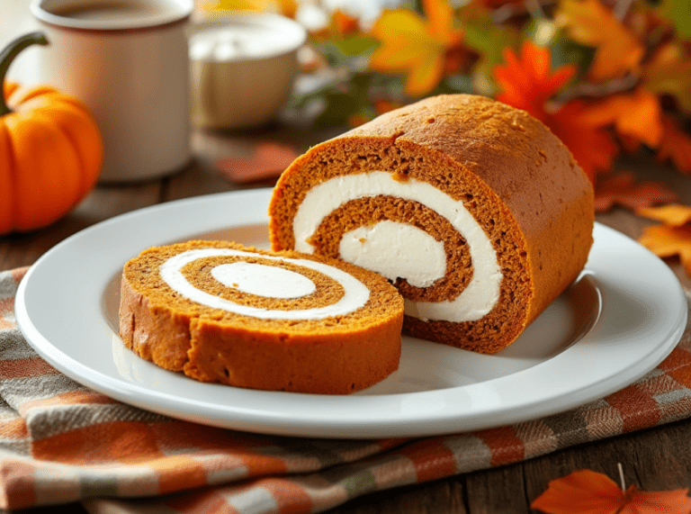 A close-up of a pumpkin roll slice with cream cheese filling on a white plate, surrounded by fall decorations.