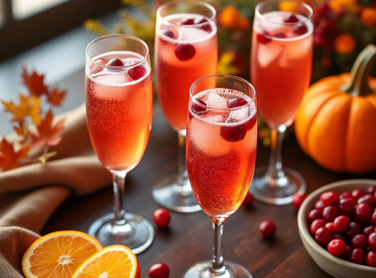 Four glasses of Sparkling Cranberry Mimosas garnished with cranberries and ice, placed on a Thanksgiving-themed table with pumpkins and orange slices.