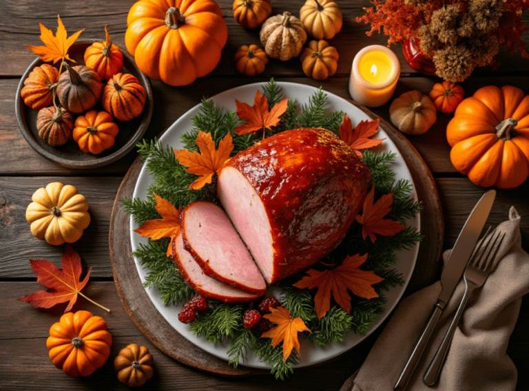 Maple glazed ham surrounded by mini pumpkins and autumn leaves on a Thanksgiving-themed table.