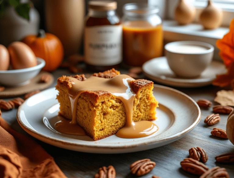 A close-up of a slice of pumpkin spice bread pudding topped with caramel sauce, surrounded by autumnal decor, including pumpkins, pecans, and warm fall tones.