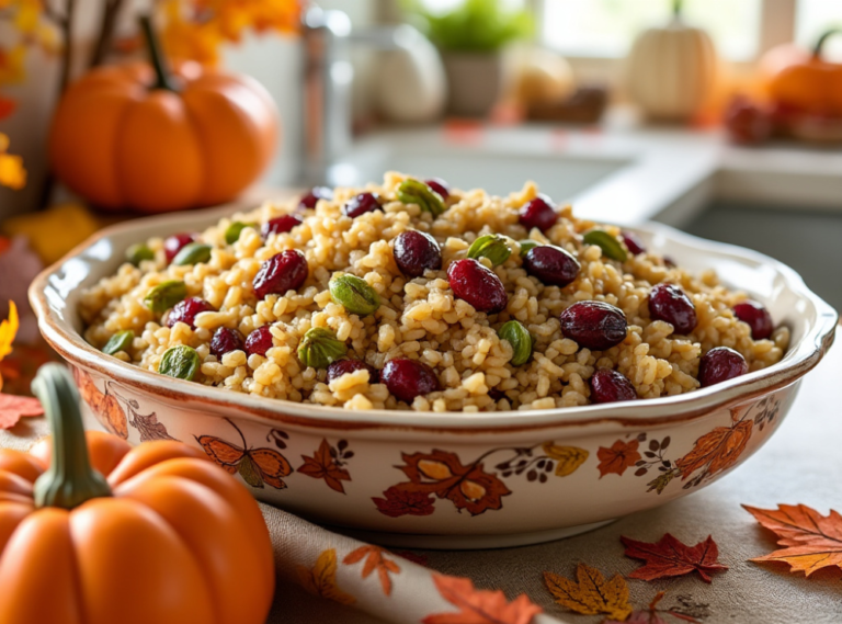 A colorful bowl of Cranberry Pistachio Wild Rice surrounded by small pumpkins and autumn leaves.