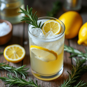 A refreshing Rosemary Gin Fizz cocktail garnished with fresh rosemary and lemon slices on a rustic table.