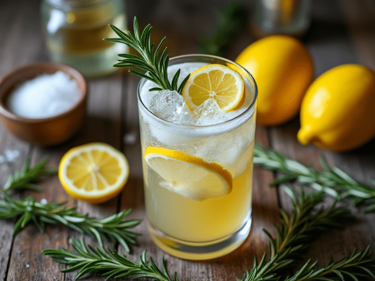 A refreshing Rosemary Gin Fizz cocktail garnished with fresh rosemary and lemon slices on a rustic table.