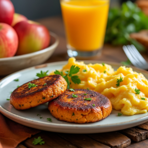 Sweet Potato and Apple Breakfast Sausage patties served with scrambled eggs and a glass of orange juice.