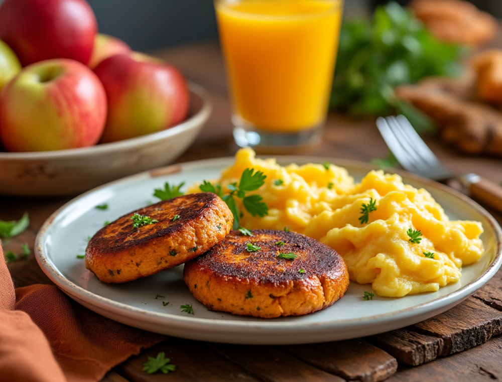 Sweet Potato and Apple Breakfast Sausage patties served with scrambled eggs and a glass of orange juice.