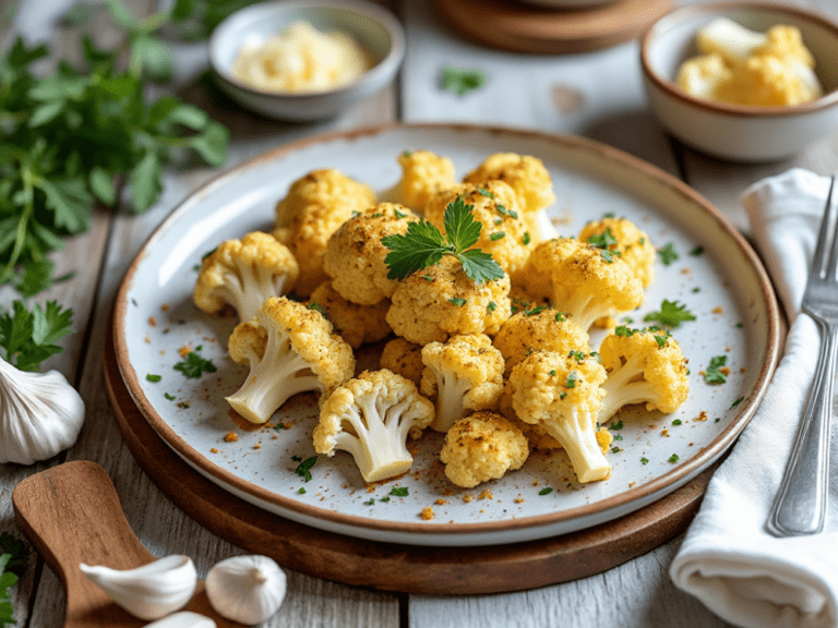 Close-up of crispy garlic parmesan roasted cauliflower on a white plate with parsley garnish.