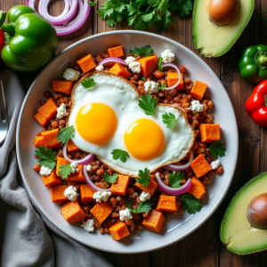 Overhead view of Sweet Potato Hash with Eggs featuring sweet potatoes, bell peppers, red onions, avocado, and sunny-side-up eggs.