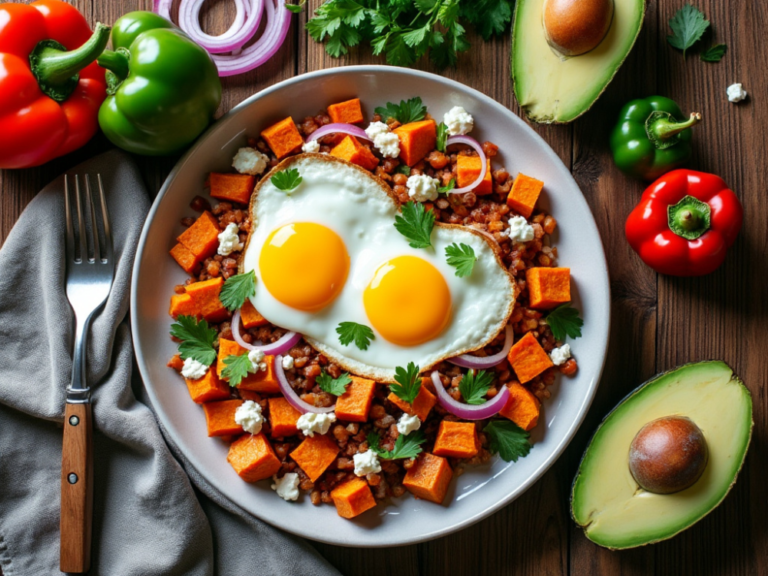 Overhead view of Sweet Potato Hash with Eggs featuring sweet potatoes, bell peppers, red onions, avocado, and sunny-side-up eggs.