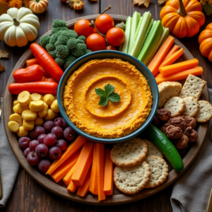 Pumpkin hummus served on a round platter surrounded by fresh vegetables, crackers, and vibrant fall-themed decor.