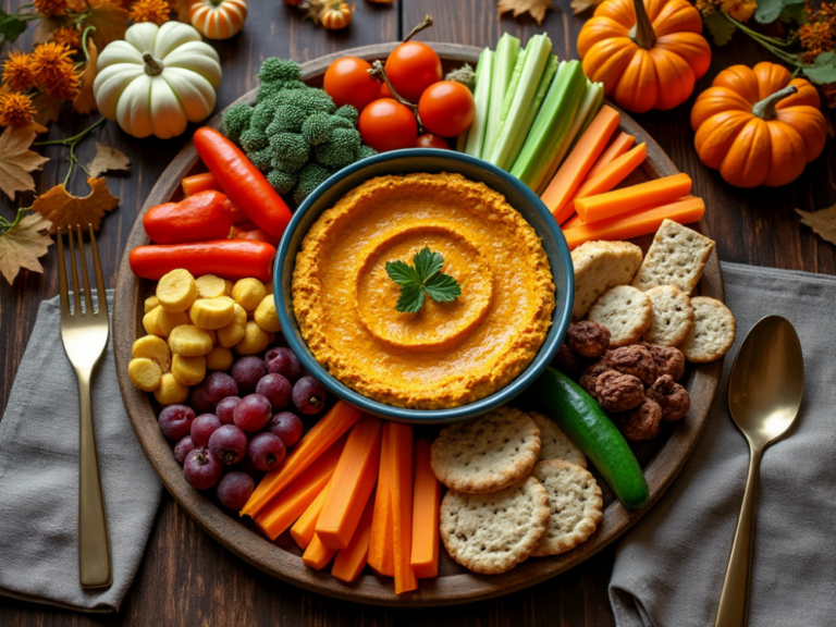 Pumpkin hummus served on a round platter surrounded by fresh vegetables, crackers, and vibrant fall-themed decor.