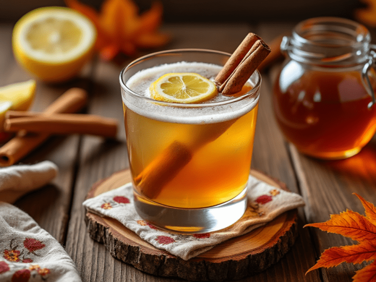 Cinnamon Maple Whiskey Sour on a rustic table with fresh lemon and cinnamon sticks.