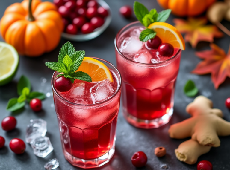 Two glasses of cranberry ginger mocktail with mint and orange garnish, surrounded by cranberries, ginger, and autumn decor.