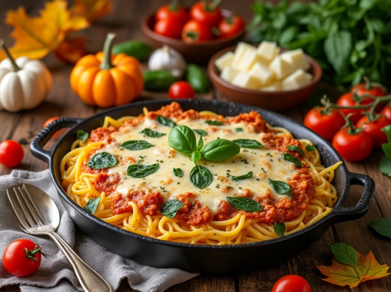 Cheesy spaghetti squash casserole served in a cast-iron dish, surrounded by fresh cherry tomatoes, garlic, basil, and mini pumpkins on a rustic wooden table.