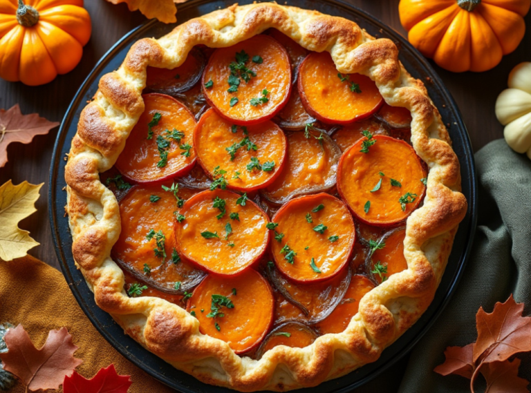 Rustic caramelized onion and sweet potato tart surrounded by pumpkins and fall leaves.