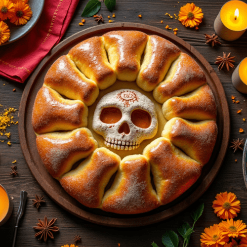 Round Pan de Muertos decorated with a traditional skull design and surrounded by marigold flowers and candles