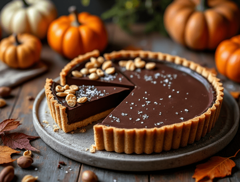 Chocolate hazelnut tart with sea salt on a rustic plate, surrounded by fall decor including small pumpkins and leaves.