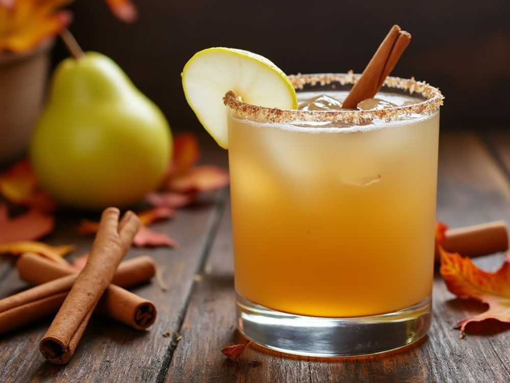 Autumn Pear Margarita in a rocks glass with cinnamon and pear garnish on a rustic table with fall leaves.