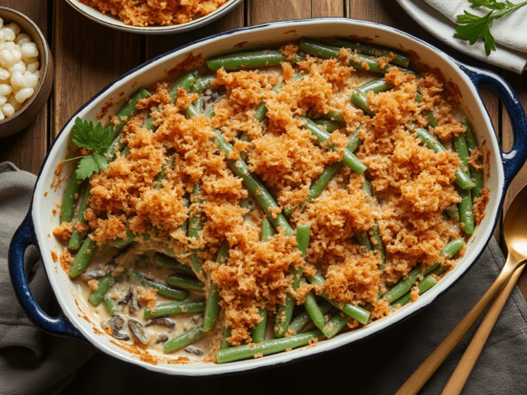 Green Bean Casserole with crispy topping and creamy mushroom sauce in a rustic baking dish