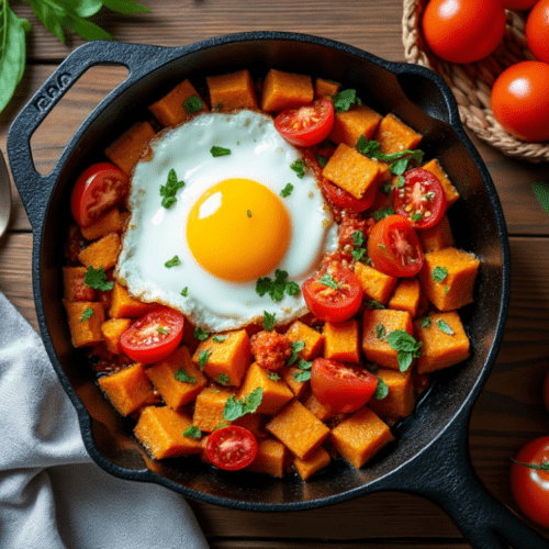 Egg and Sweet Potato Skillet with Fresh Cherry Tomatoes and Herbs in a Cast-Iron Skillet