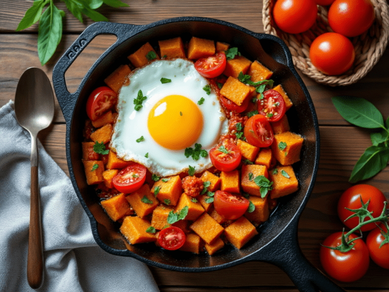 Egg and Sweet Potato Skillet with Fresh Cherry Tomatoes and Herbs in a Cast-Iron Skillet