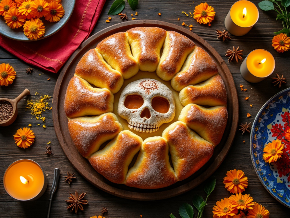 Round Pan de Muertos decorated with a traditional skull design and surrounded by marigold flowers and candles